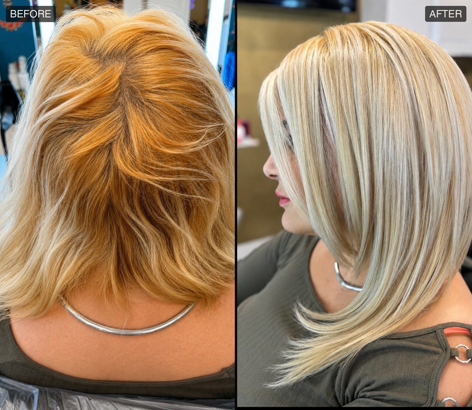Before and after: brassy grown-out blonde transformed into a polished bright blonde lob