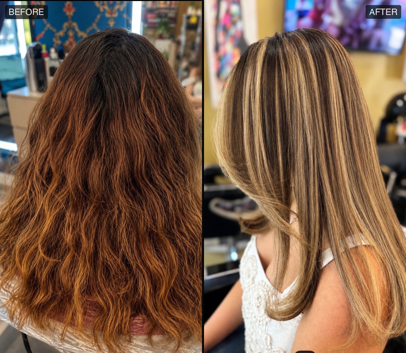 Before and after: faded orange ombre transformed into smooth dimensional caramel highlights