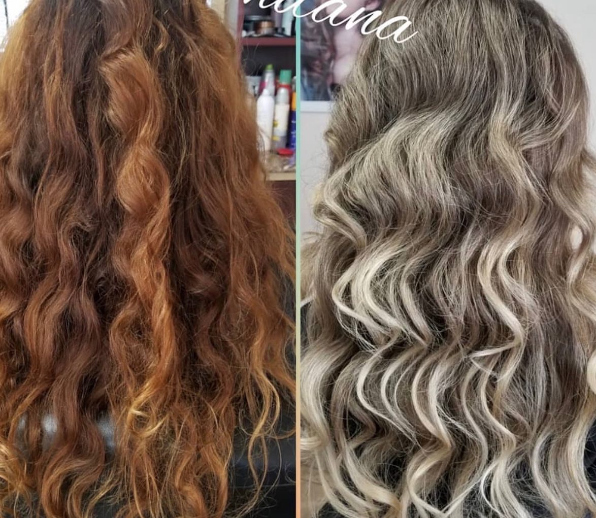 Before and after: damaged brassy curls corrected to cool ash blonde waves