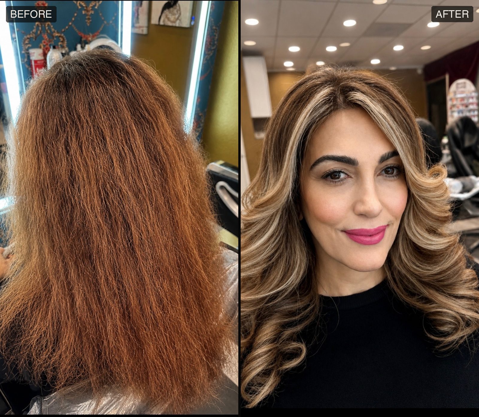 Before and after: frizzy copper hair transformed into a smooth, bouncy blowout with caramel and blonde highlights